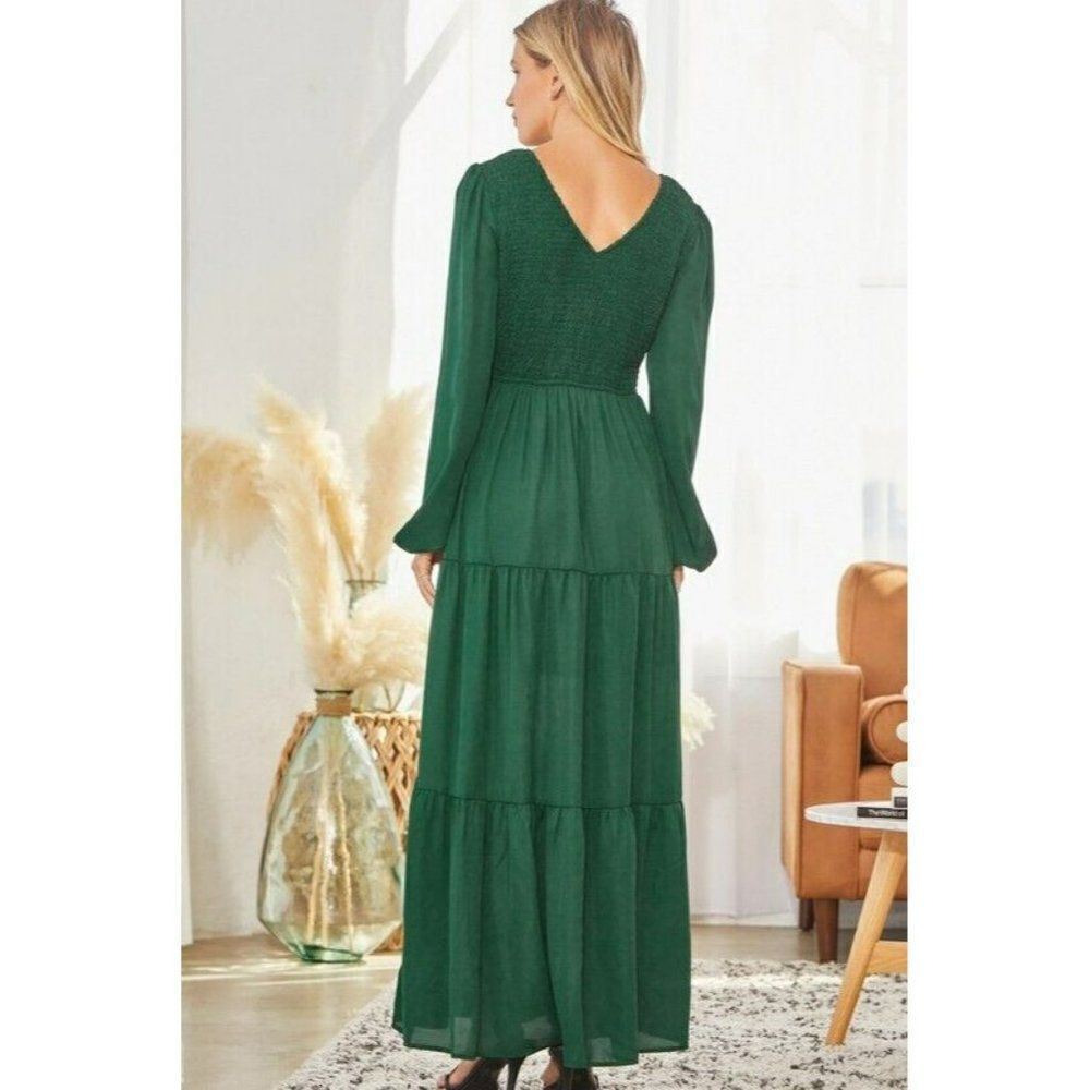Emerald Estate Smocked Tiered Maxi Dress Long Sleeve V Neck Hunter Green - Picture 7 of 7